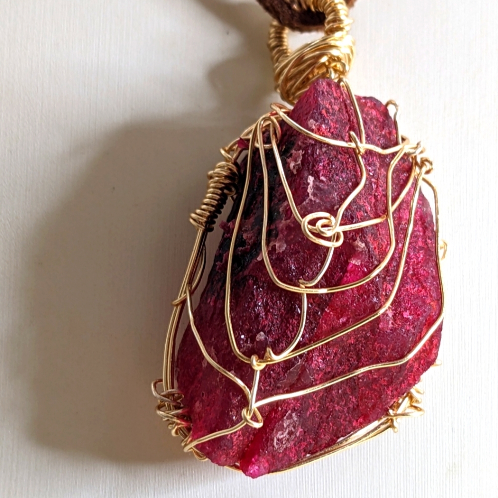 Large 97.35 Rough Ruby Handcrafted Wire Wrapped Gold Plated Pendant